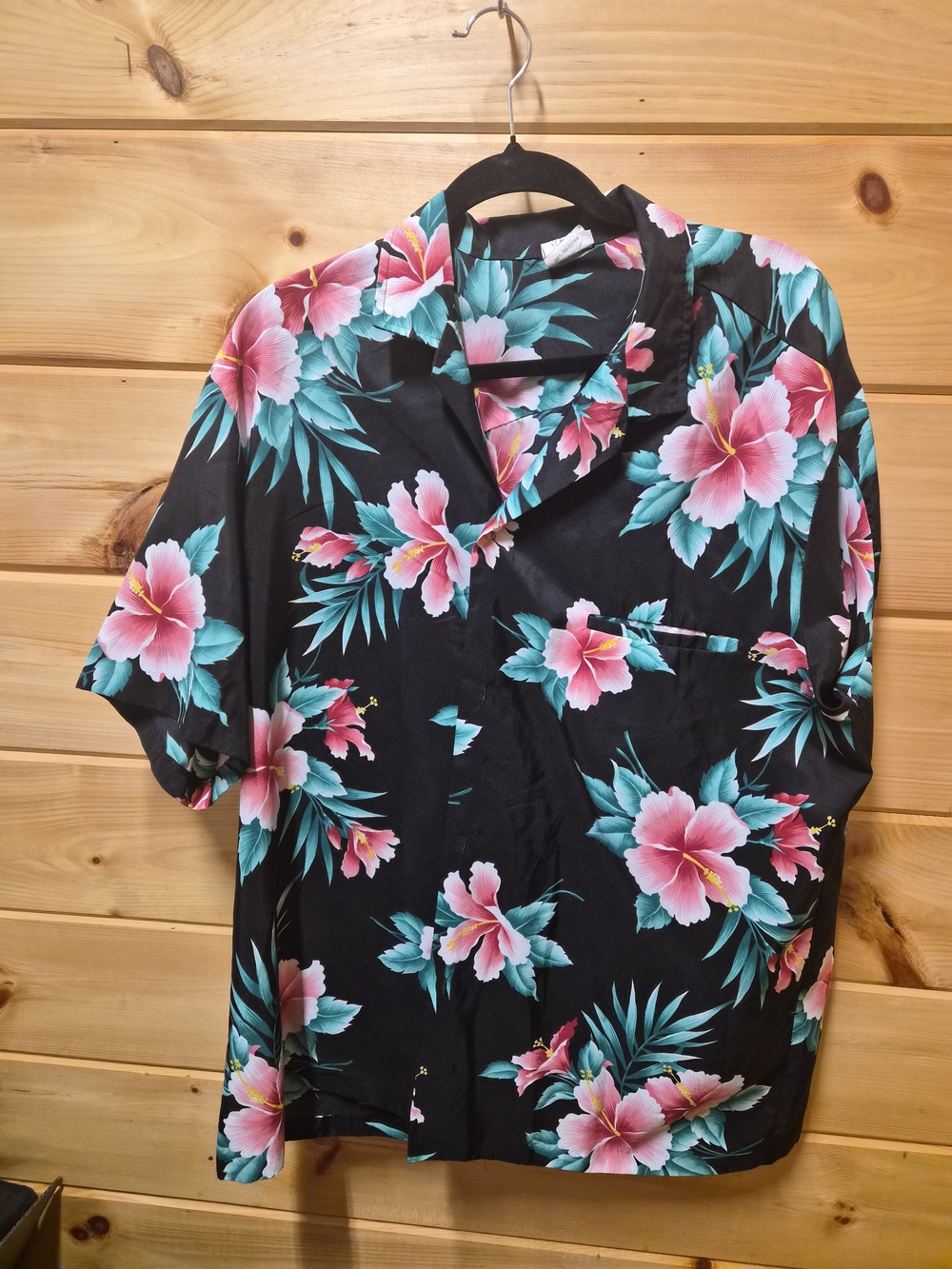 Hawiian Shirt Men's Black Royal Creations - Pink & Teal Hibiscus